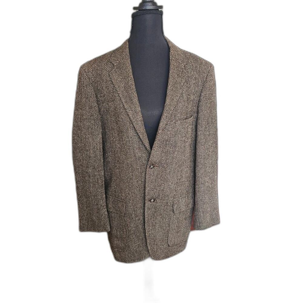 Rare Vintage Brown Herringbone Wool Blazer W/ Classic 2-Button Up Lucas Chicago